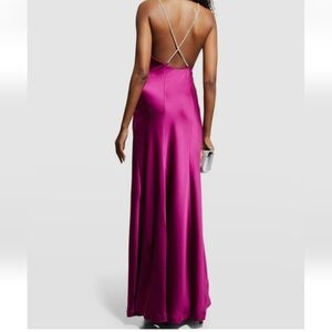 Fuchsia Satin Backless Slip Gown Rhinestone Straps Size 10